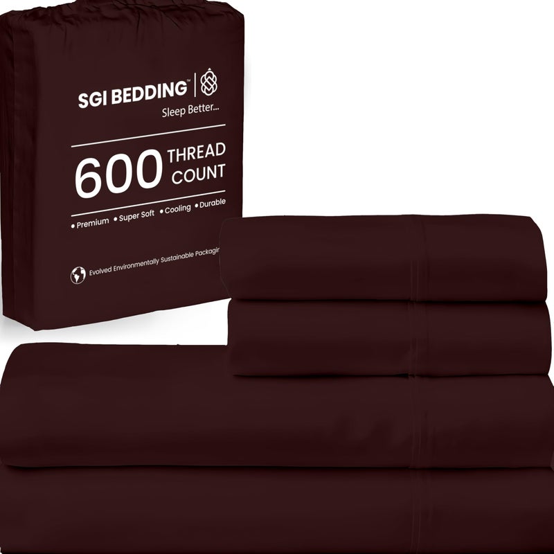 SGI bedding 600 Thread Count 4 Piece 100% Egyptian Cotton Queen Size Sheets Set, 15" Deep Pocket Sheet Set, Premium, Breathable, Soft and Hotel-Quality Luxury Sheets - Chocolate - Image 1